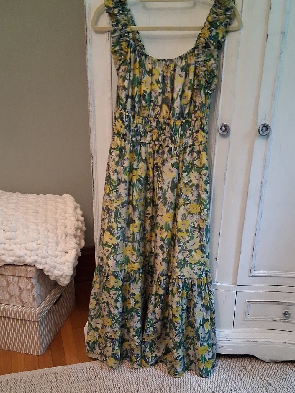 MELLODAY Yellow and Green Floral Ruffle-Shoulder Maxi Dress